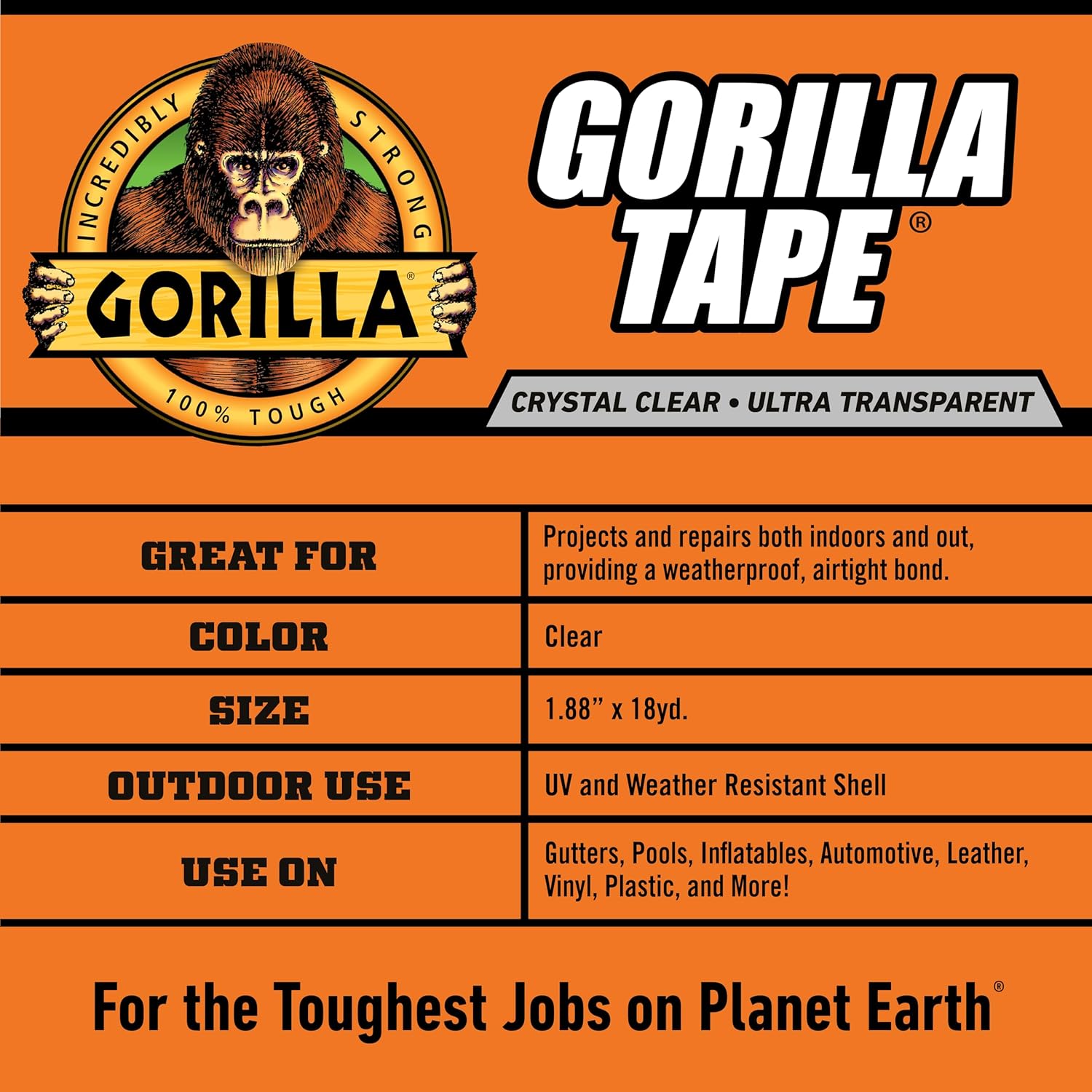 Gorilla Crystal Clear Repair Duct Tape, 1.88” x 18 yd, Clear, (Pack of 1)-4