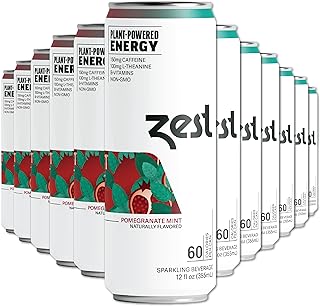 Zest Plant Powered Natural Energy Sparkling Drink - Pomegranate Mint - 150mg Caffeine + 100 mg L-Theanine - 12oz Can 12 Pack - Low Sugar, 60 Cals, Healthy Coffee Substitute, Non GMO High Caff Blend