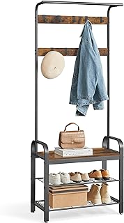 VASAGLE Coat Rack, Hall Tree with Shoe Bench for Entryway, Entryway Bench with Coat Rack, 4-in-1, with 9 Removable Hooks, a Hanging Rod, 13.3 x 28.3 x 72.1 Inches, Rustic Brown and Black UHSR40B