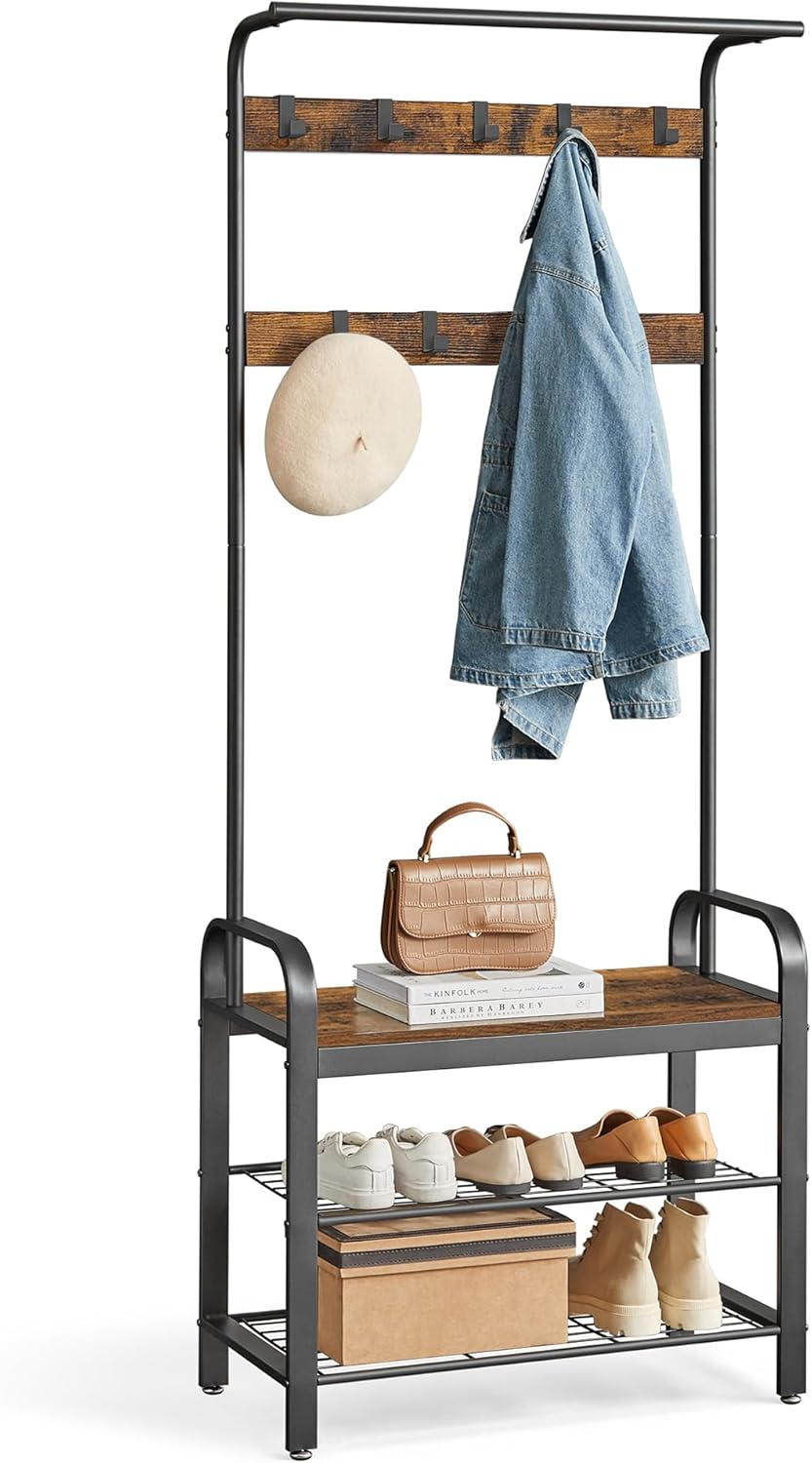 VASAGLE Coat Rack, Hall Tree with Shoe Bench for Entryway, Entryway Bench with Coat Rack, 4-in-1, with 9 Removable Hooks, a Hanging Rod, 13.3 x 28.3 x 72.1 Inches, Rustic Brown and Black UHSR40B-0