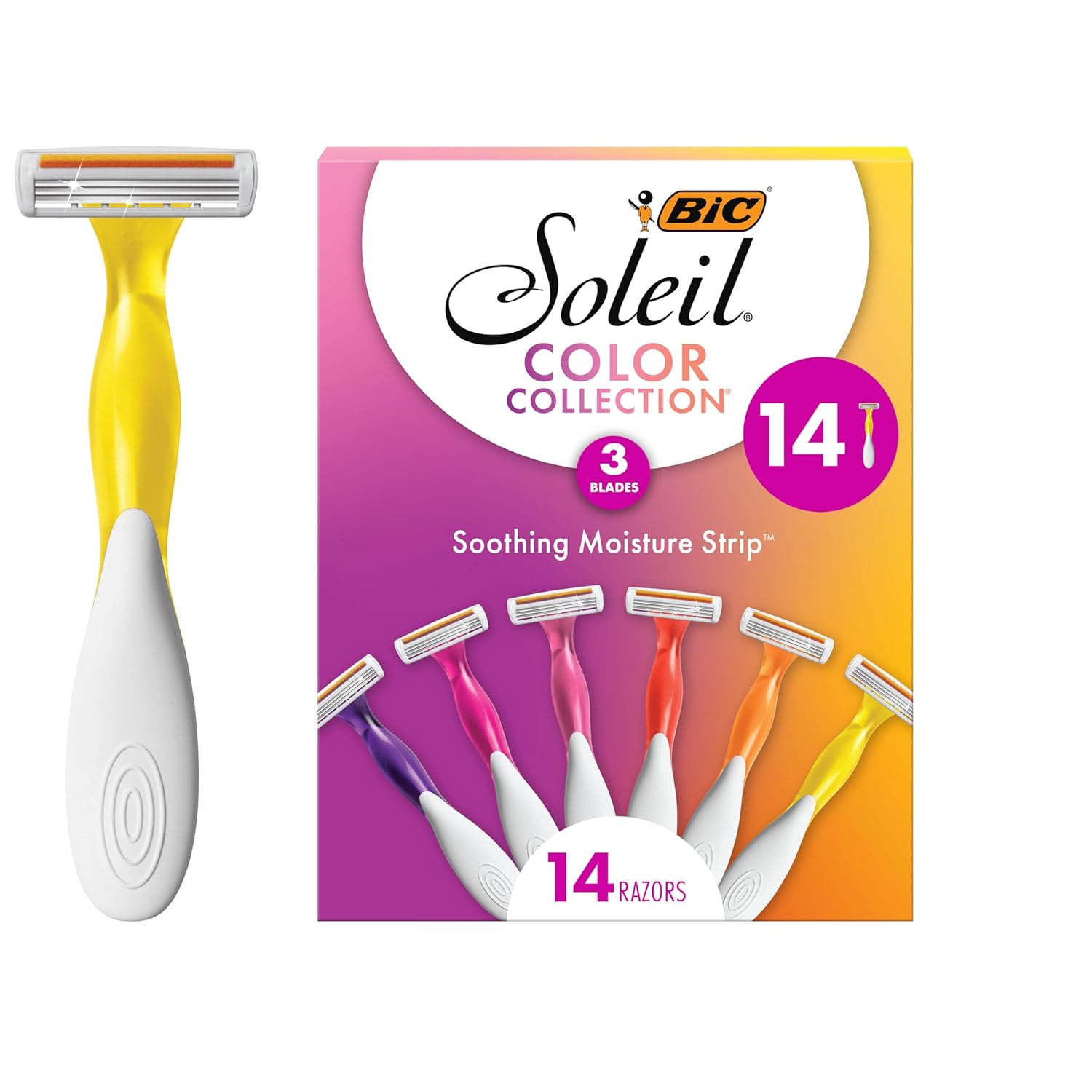 BIC Soleil Smooth Colors Women's Disposable Razors With Aloe Vera and vitamin E Lubricating Strip for Enhanced Glide, With 3 Blades, 14 Count-0