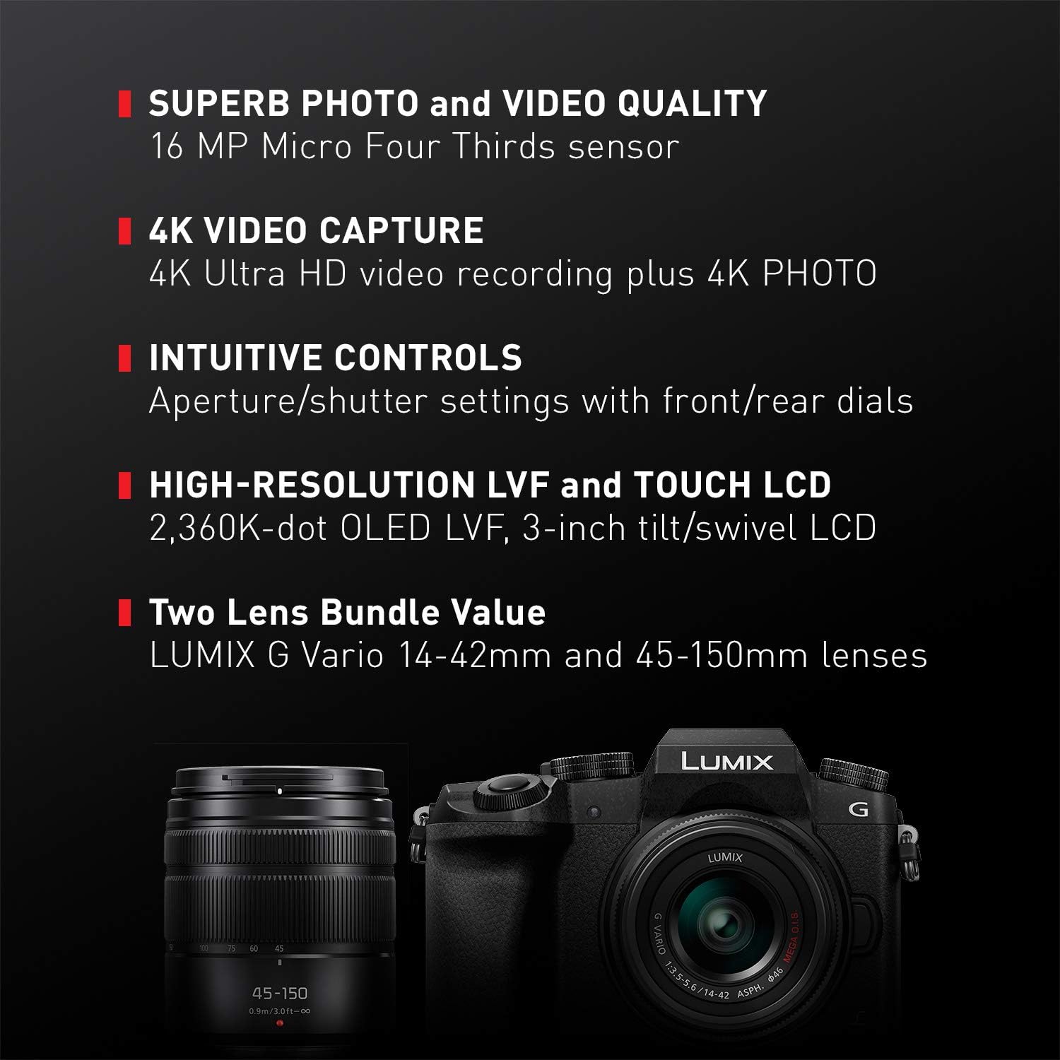 Panasonic Lumix G7 4K Digital Mirrorless Camera Bundle with Lumix G Vario 14-42mm and 45-150mm Lenses, 16MP, 3-Inch Touch LCD, DMC-G7WK (USA Black)-1