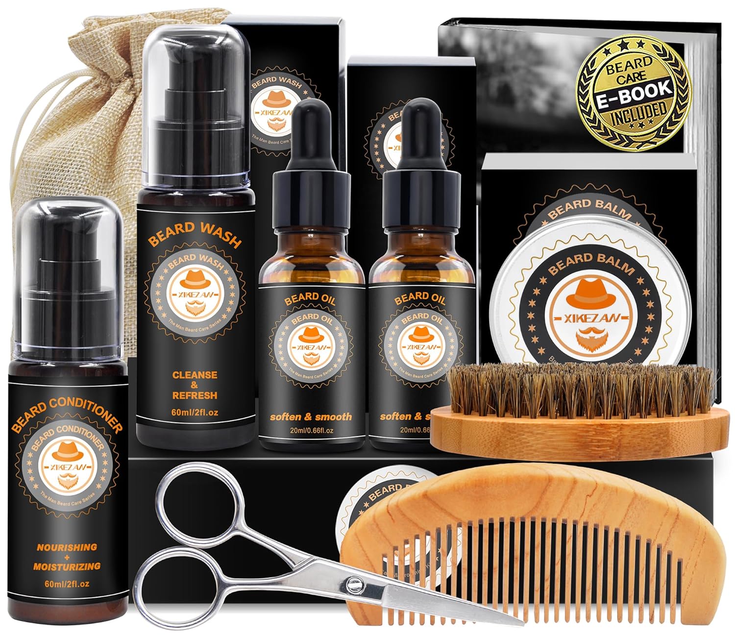 Upgraded Beard Grooming Kit w/Beard Conditioner,Beard Oil,Beard Balm,Beard Brush,Beard Wash,Beard Comb,Beard Scissor,Bag,E-Book,Beard Care Daddy Gifts for Men Him Dad Husband Boyfriend-0