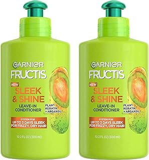 Garnier Fructis Sleek & Shine Leave-In Conditioning Cream for Frizzy, Dry Hair, Plant Keratin + Argan Oil, 10.2 Fl Oz, 2 Count (Packaging May Vary)