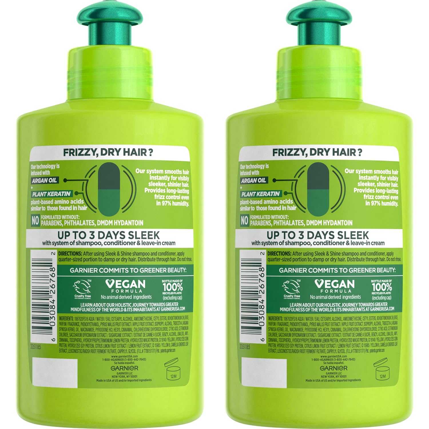 Garnier Fructis Sleek & Shine Leave-In Conditioning Cream for Frizzy, Dry Hair, Plant Keratin + Argan Oil, 10.2 Fl Oz, 2 Count (Packaging May Vary)-1