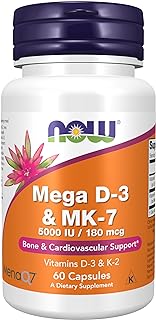 NOW Foods Supplements, Mega D-3 & MK-7 with Vitamins D-3 & K-2, 5,000 IU/180 mcg, Bone & Cardiovascular Support*, 60 Veg Capsules