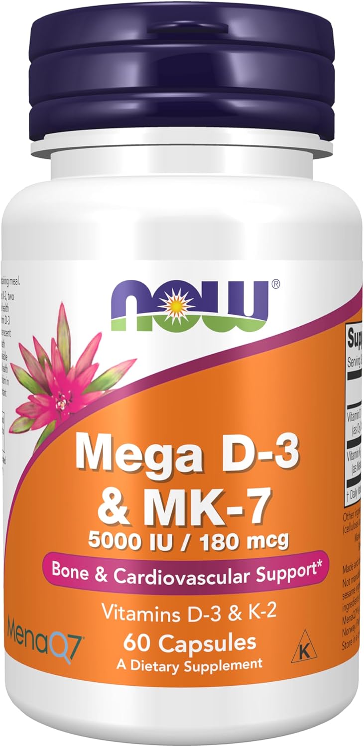 NOW Foods Supplements, Mega D-3 & MK-7 with Vitamins D-3 & K-2, 5,000 IU/180 mcg, Bone & Cardiovascular Support*, 60 Veg Capsules-0