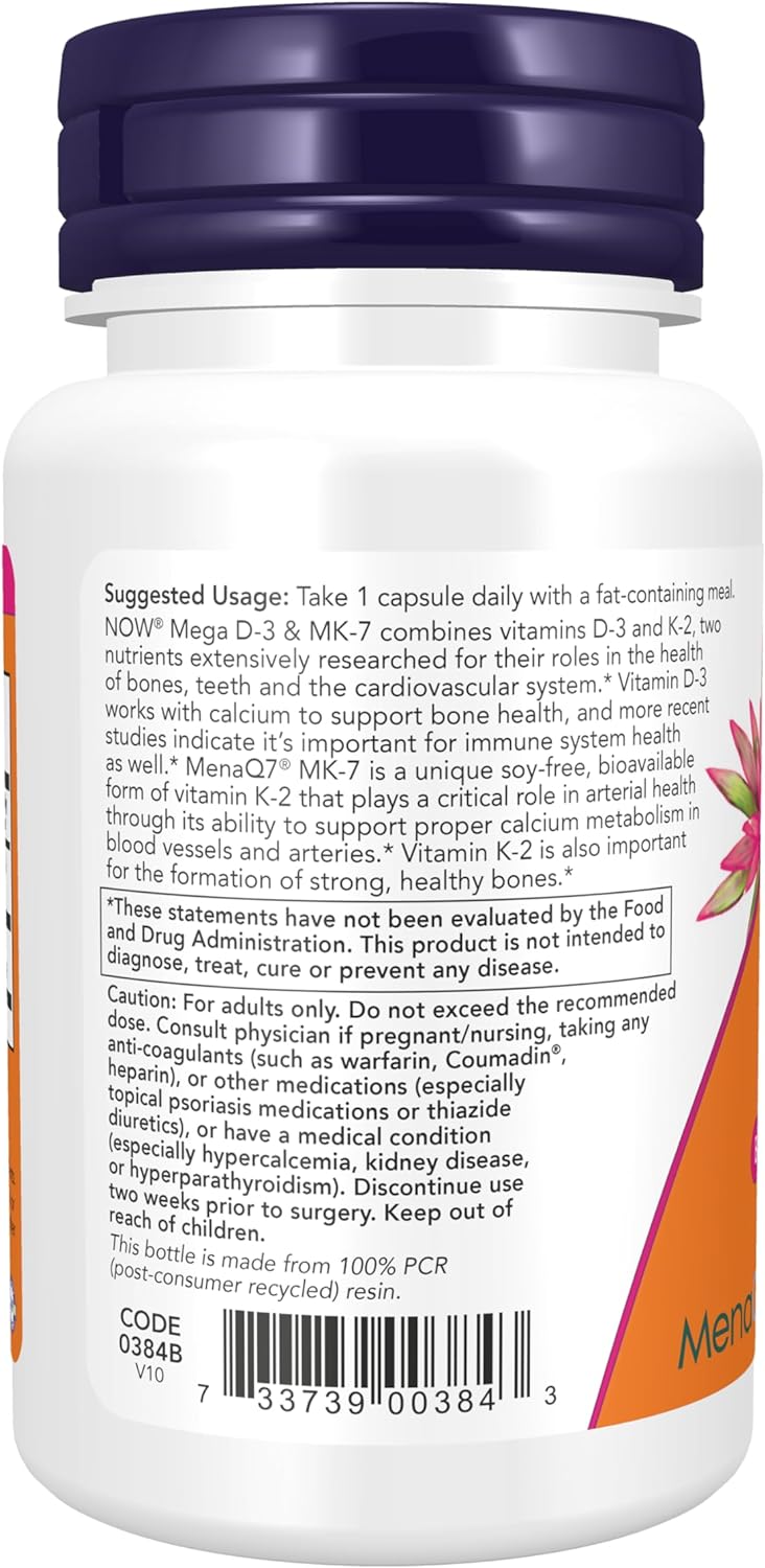 NOW Foods Supplements, Mega D-3 & MK-7 with Vitamins D-3 & K-2, 5,000 IU/180 mcg, Bone & Cardiovascular Support*, 60 Veg Capsules-2