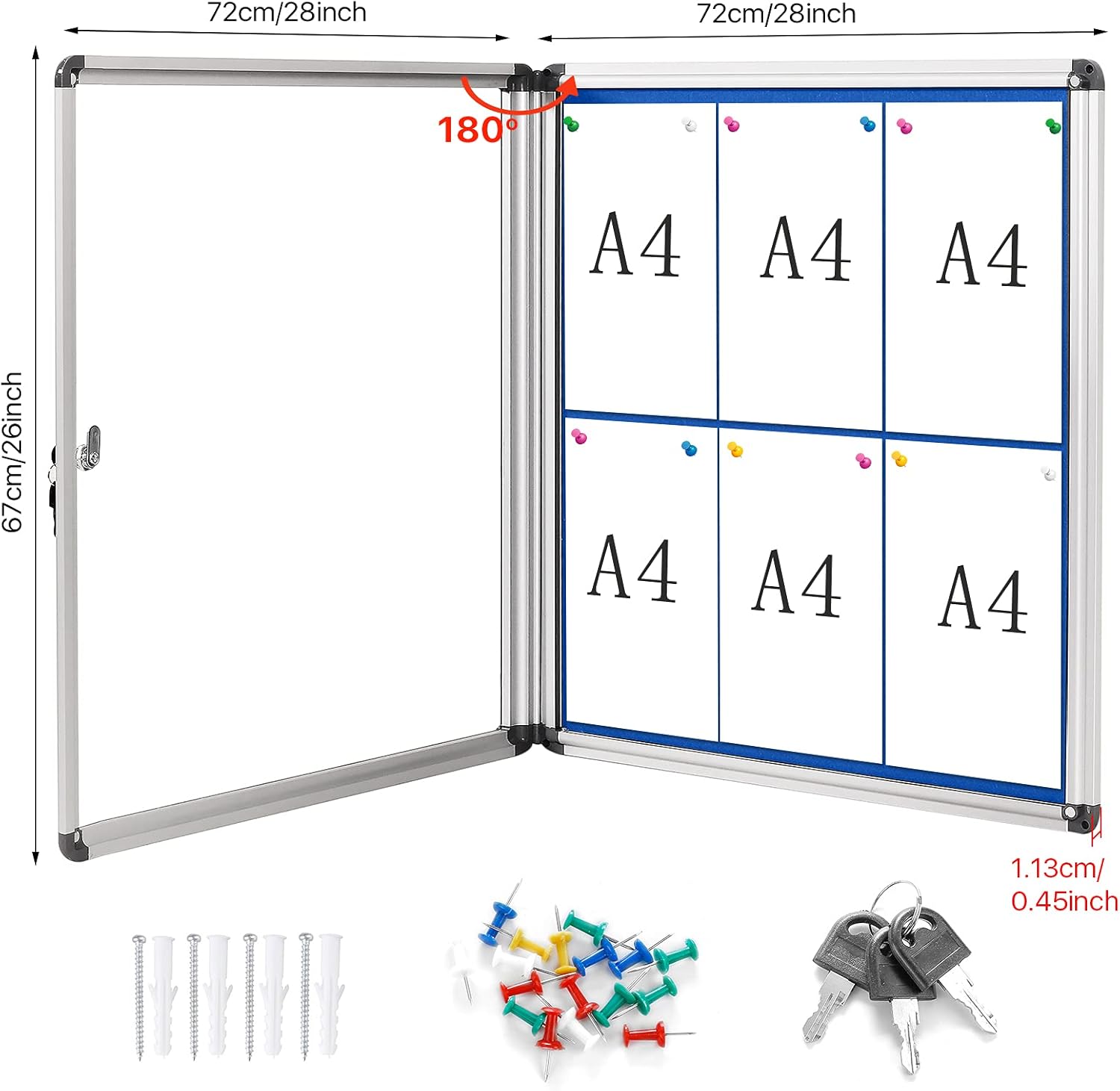 Swansea Blue Fabric Lockable Noticeboard Enclosed Pin Bulletin Board Glass Display Case for Wall Office School 6xA4-1