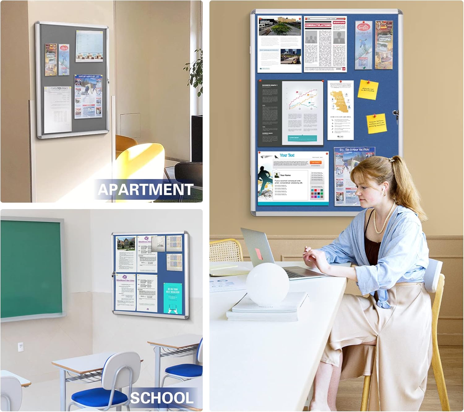 Swansea Blue Fabric Lockable Noticeboard Enclosed Pin Bulletin Board Glass Display Case for Wall Office School 6xA4-4