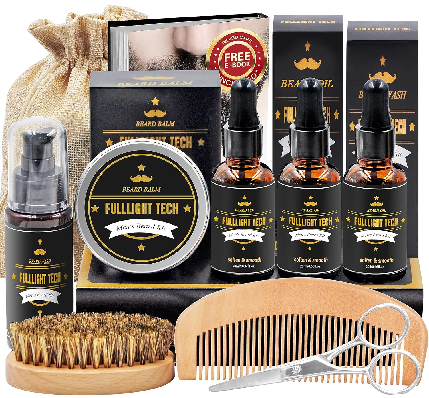 FULLLIGHT TECH Men's Beard Grooming & Care Kit - Wash, 3 Beard Oils, Balm, Comb, Brush, Scissors - Premium Gift Set-0