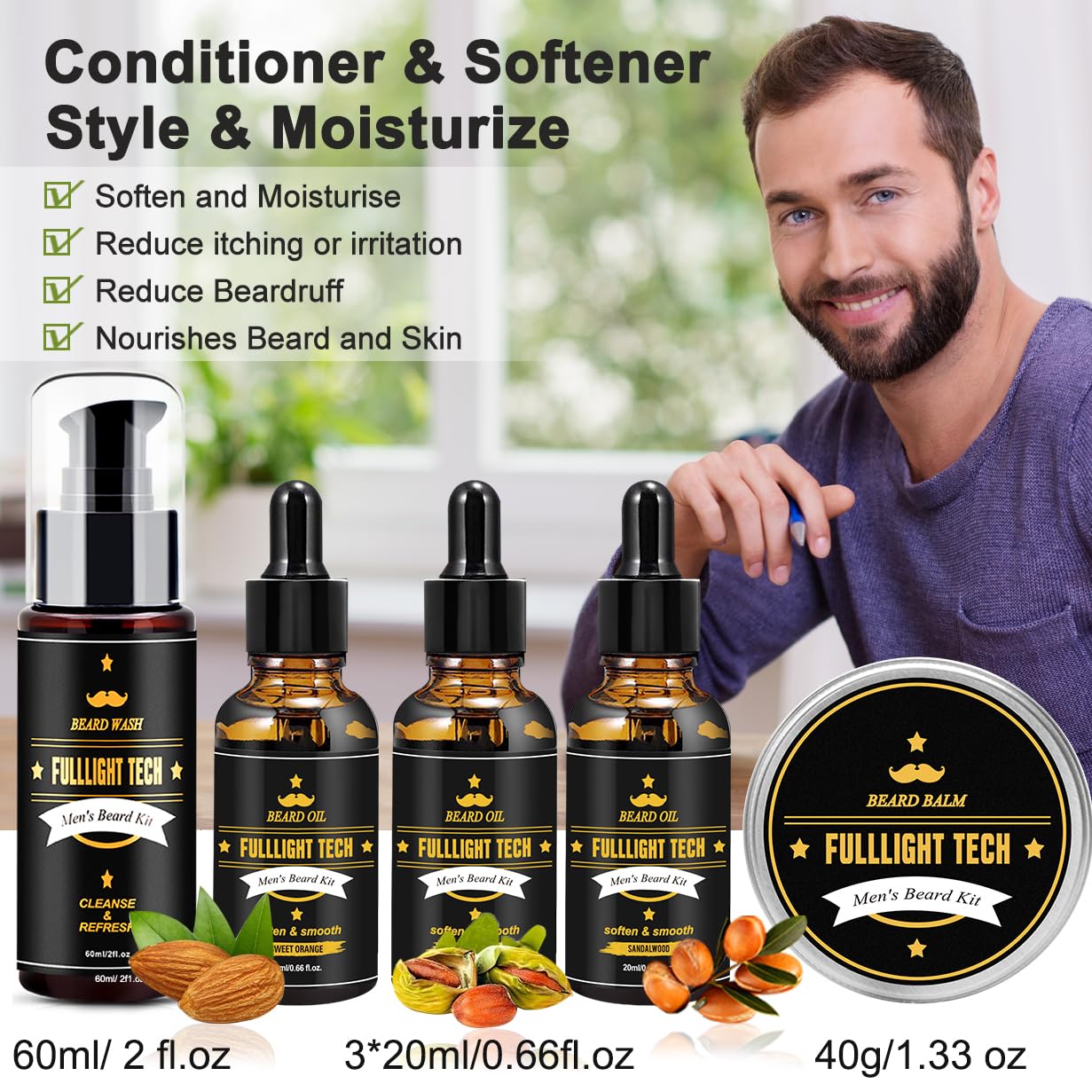 FULLLIGHT TECH Men's Beard Grooming & Care Kit - Wash, 3 Beard Oils, Balm, Comb, Brush, Scissors - Premium Gift Set-2