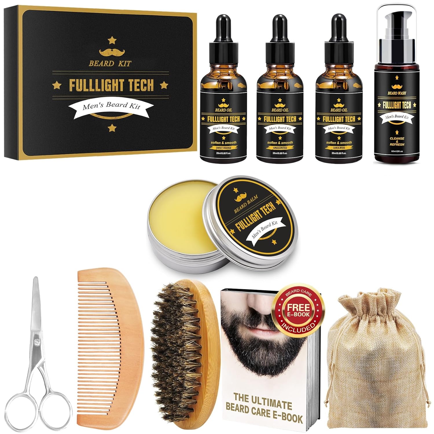 FULLLIGHT TECH Men's Beard Grooming & Care Kit - Wash, 3 Beard Oils, Balm, Comb, Brush, Scissors - Premium Gift Set-4