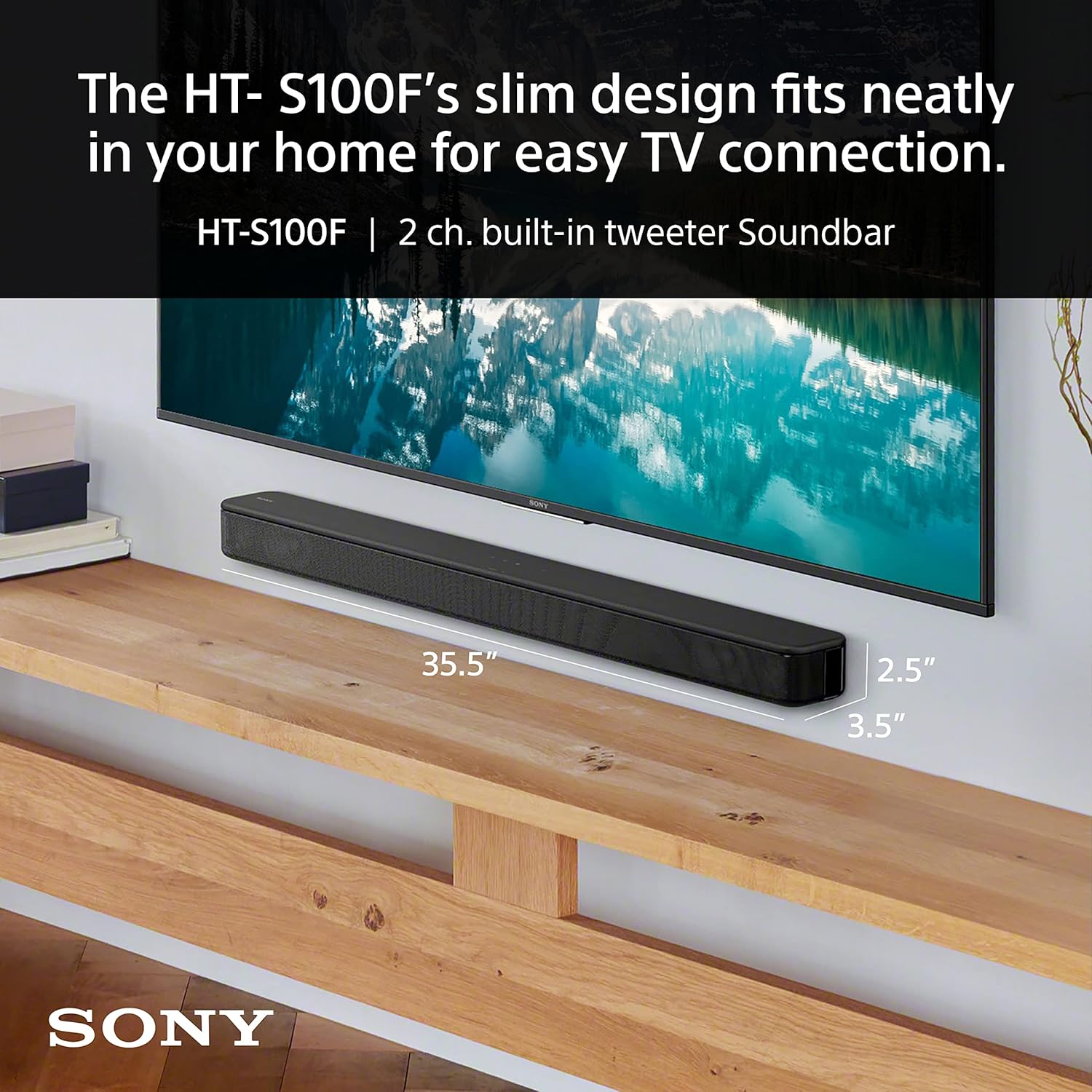 Sony S100F 2.0ch Soundbar with Bass Reflex Speaker, Integrated Tweeter and Bluetooth, (HTS100F), easy setup, compact, home office use with clear sound black-1