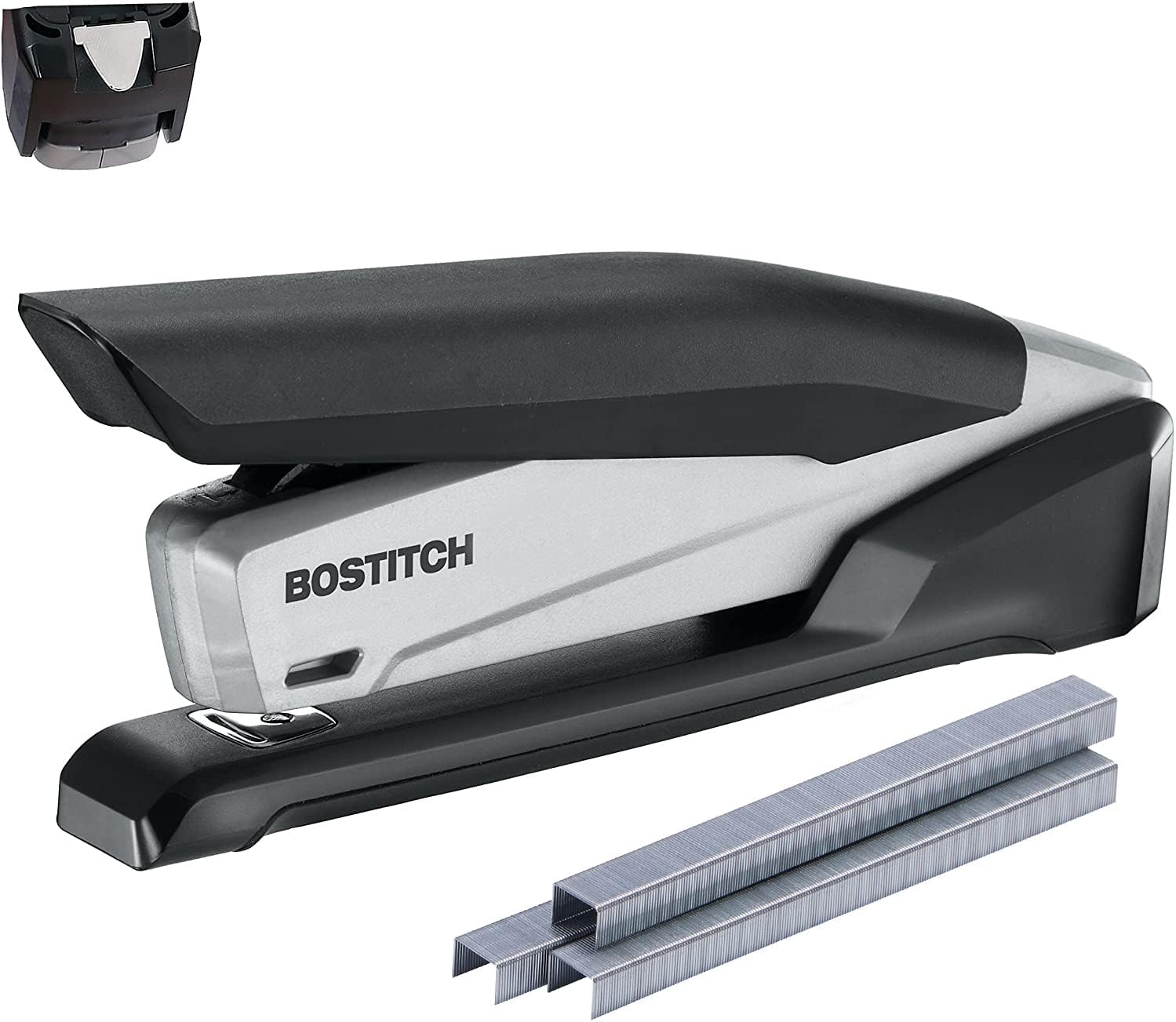 Bostitch Office Executive 3 in 1 Stapler, Includes 210 Staples and Integrated Staple Remover, One Finger Stapling, No Effort, 20 Sheet Capacity, Spring Powered Stapler, Black/Gray (INP20)-0