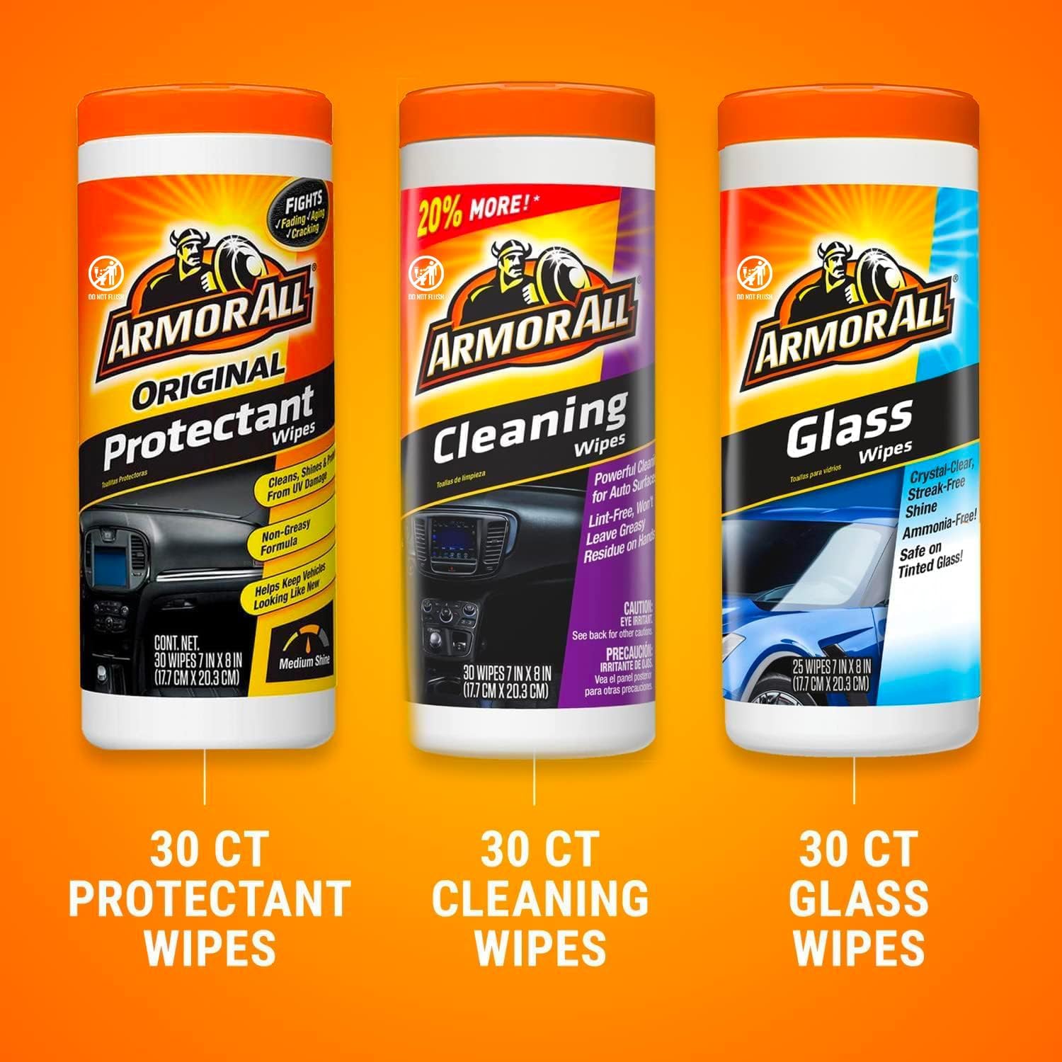 Armor All Protectant, Glass and Cleaning Wipes, Wipes for Car Interior and Car Exterior, 30 Count Each (Pack of 3)-1