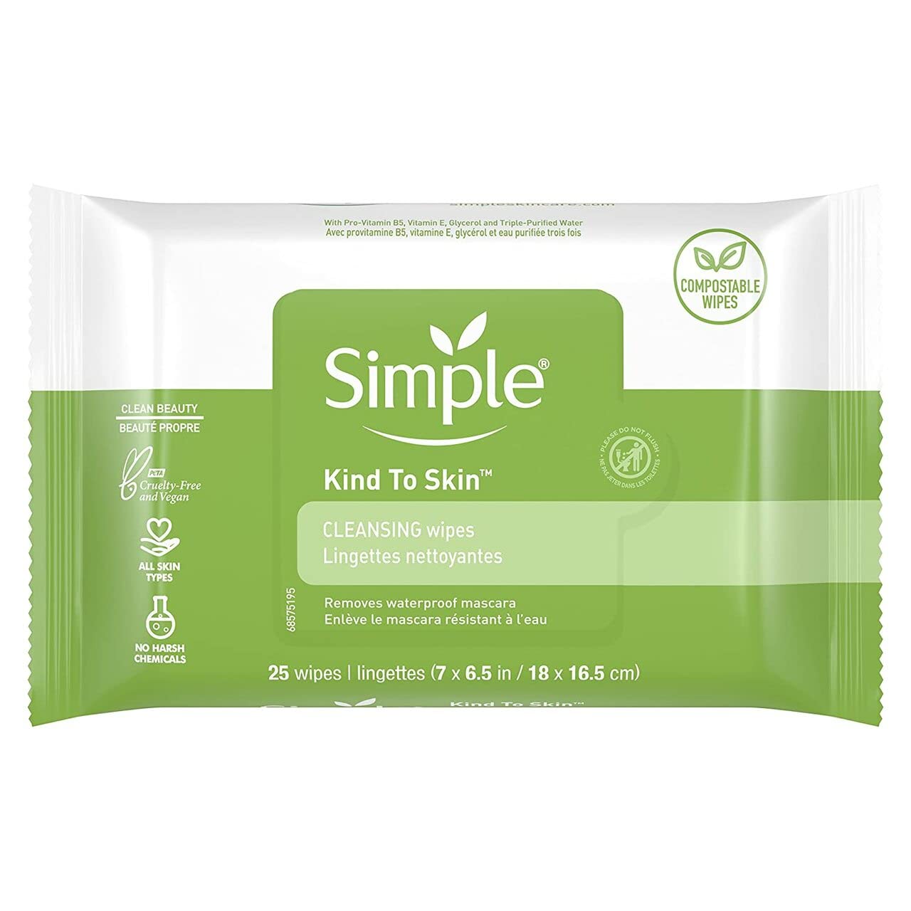 Simple Sensitive Skin Experts Kind To Skin Cleansing Facial Wipes, Waterproof Mascara Remover, Even Softer, 25 Count, (4 Pack)-0