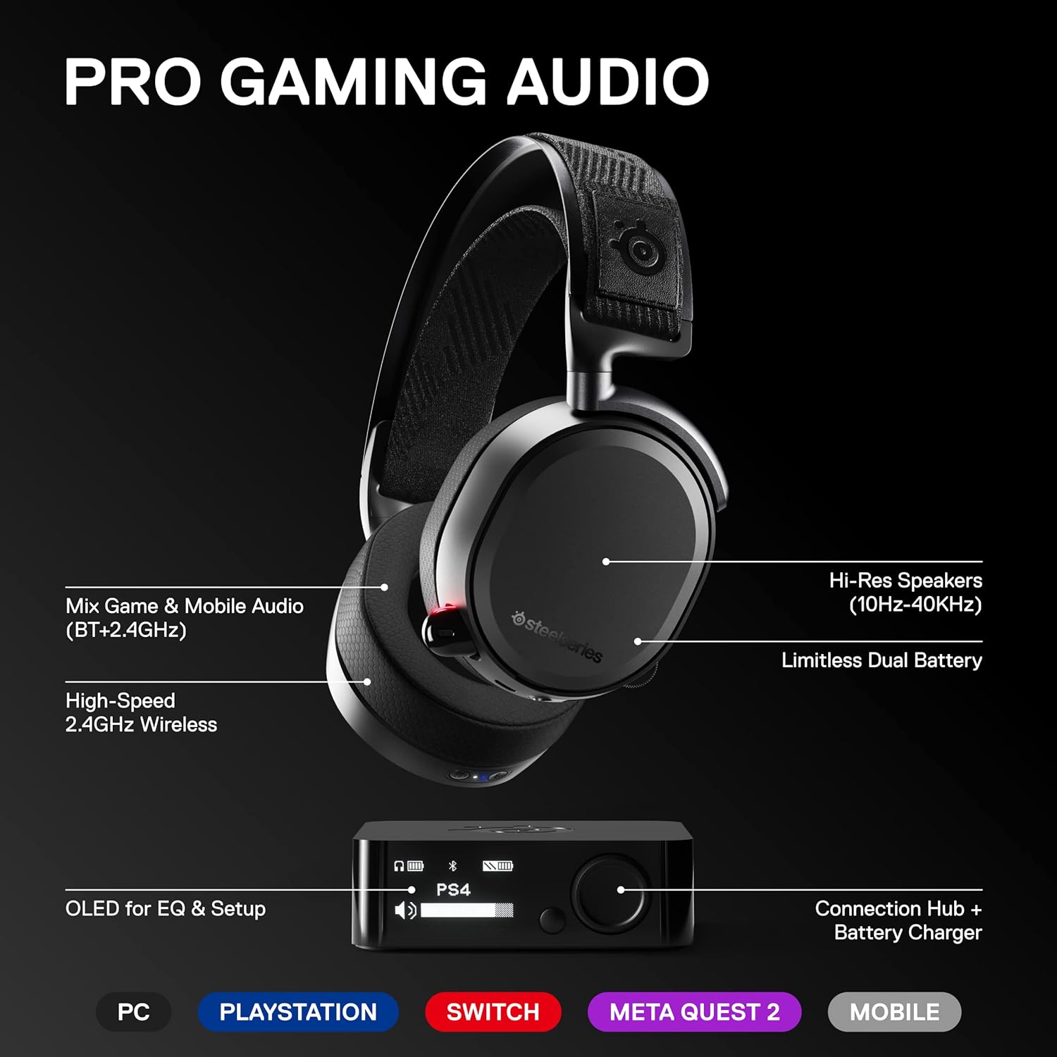 SteelSeries Arctis Pro Wireless Gaming Headset - High Fidelity 2.4 GHz Wireless - Mixable Bluetooth - Non-Stop Dual Battery - OLED Base Station - AI Noise Canceling Mic - PC, PS5, PS4, Mobile - Black-1