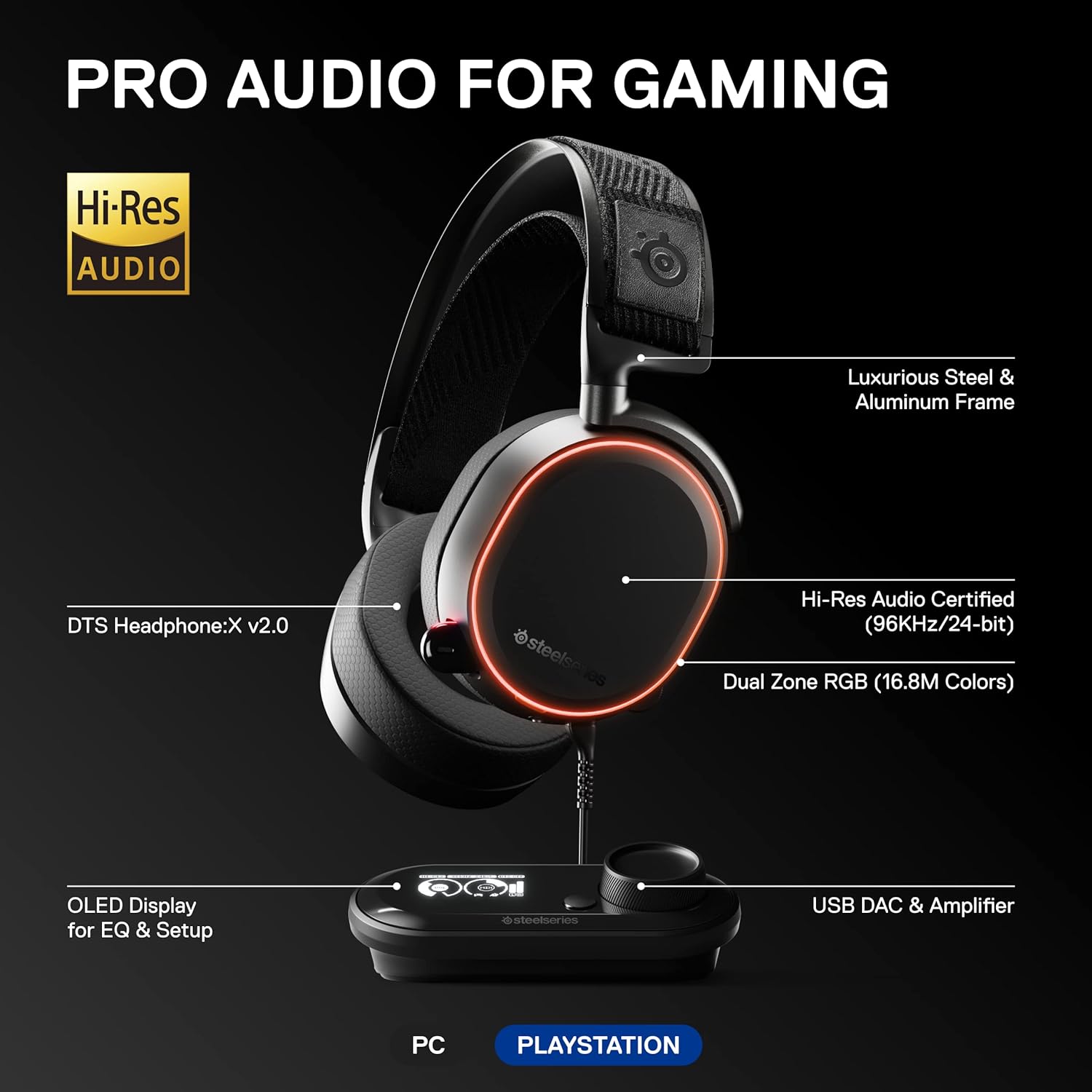 SteelSeries Arctis Pro + GameDAC Wired Gaming Headset - Certified Hi-Res Audio - Dedicated DAC and Amp - for PS5/PS4 and PC - Black-2