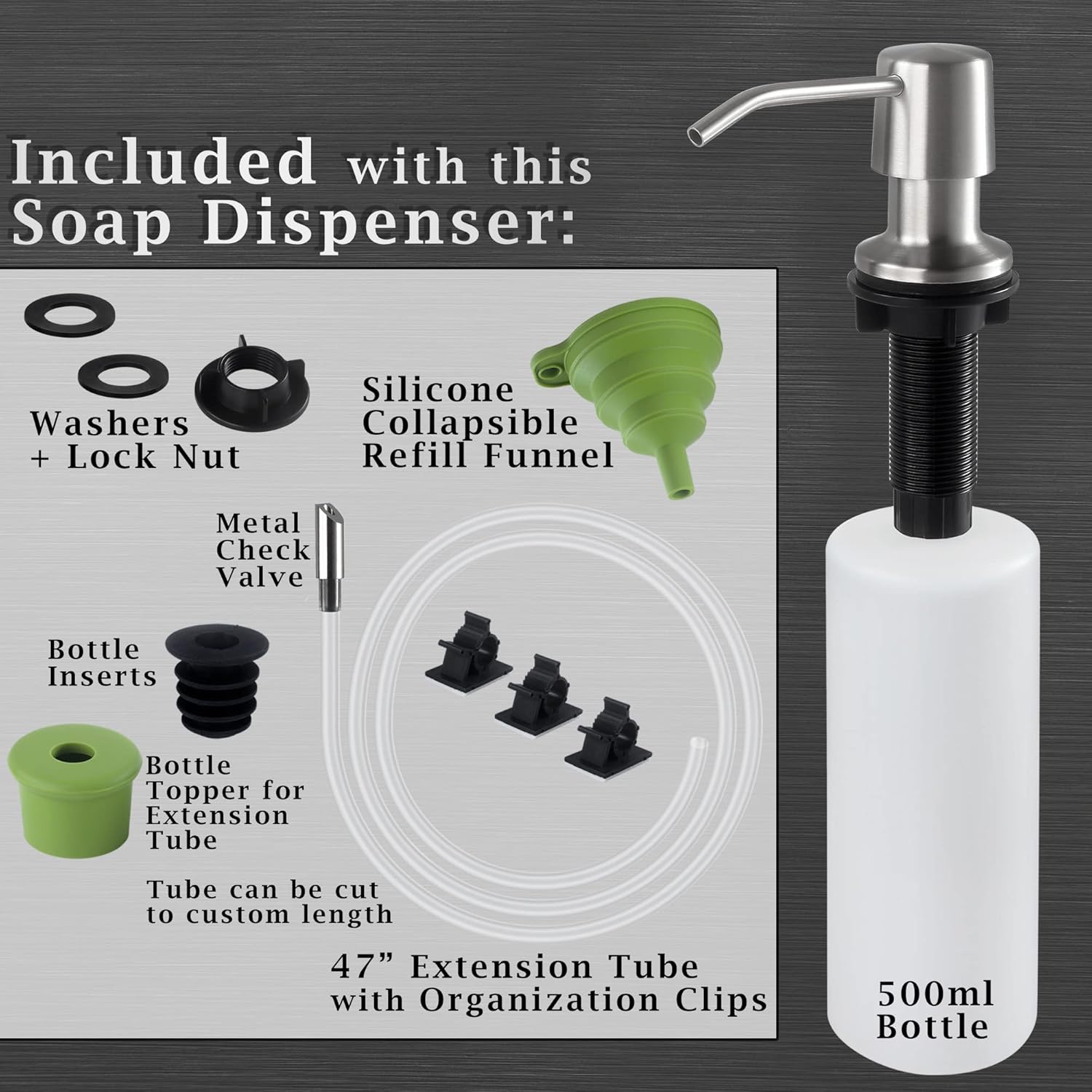 Stainless Steel Hand Soap Dispenser for Kitchen Sink, Dish Soap Dispenser with 47" Extension Tube Kit, Sink Soap Dispenser Pump, Kitchen Soap Dispenser Set, 4” Spout and 16oz Capacity Bottle-2