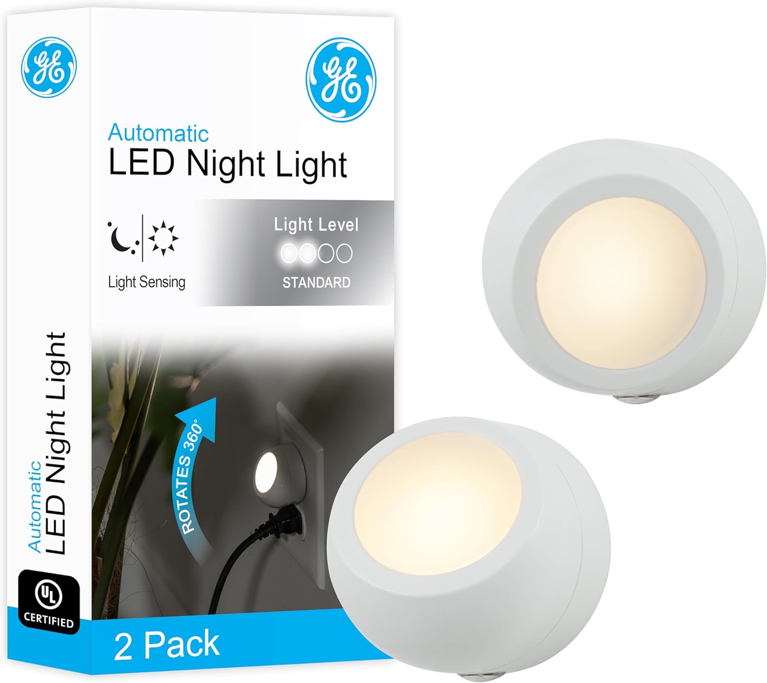 GE Rotating LED Night Light, Plug-in, 360° Directional, Dusk-to-Dawn Sensor, UL-Certified, Energy Efficient, Ideal for Bedroom, Bathroom, Stairs, Hallway, 31533, 2 Pack, White, 2 Count-0