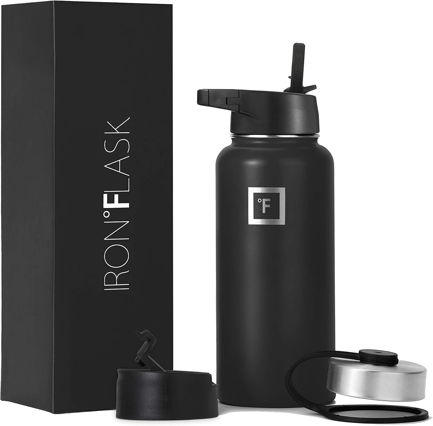 IRON °FLASK Camping & Hiking Hydration Flask, Wide Mouth, 3 Straw Lids, Stainless Steel Outdoor Water Bottle, Double Walled, Insulated Thermos, Metal Canteen - Midnight Black, 32 Oz-0