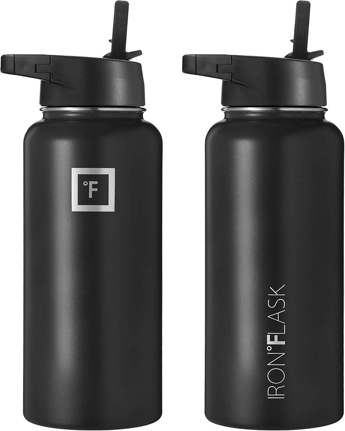 IRON °FLASK Camping & Hiking Hydration Flask, Wide Mouth, 3 Straw Lids, Stainless Steel Outdoor Water Bottle, Double Walled, Insulated Thermos, Metal Canteen - Midnight Black, 32 Oz-2