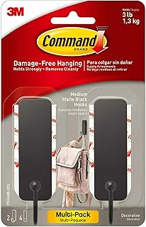 Command Medium Matte Black Wall Hooks, 2 Hooks and 4 Command Strips, Damage Free Hanging Wall Hooks with Adhesive Strips, Coat Hooks for Hanging Christmas Decorations, Holds up to 3 lb