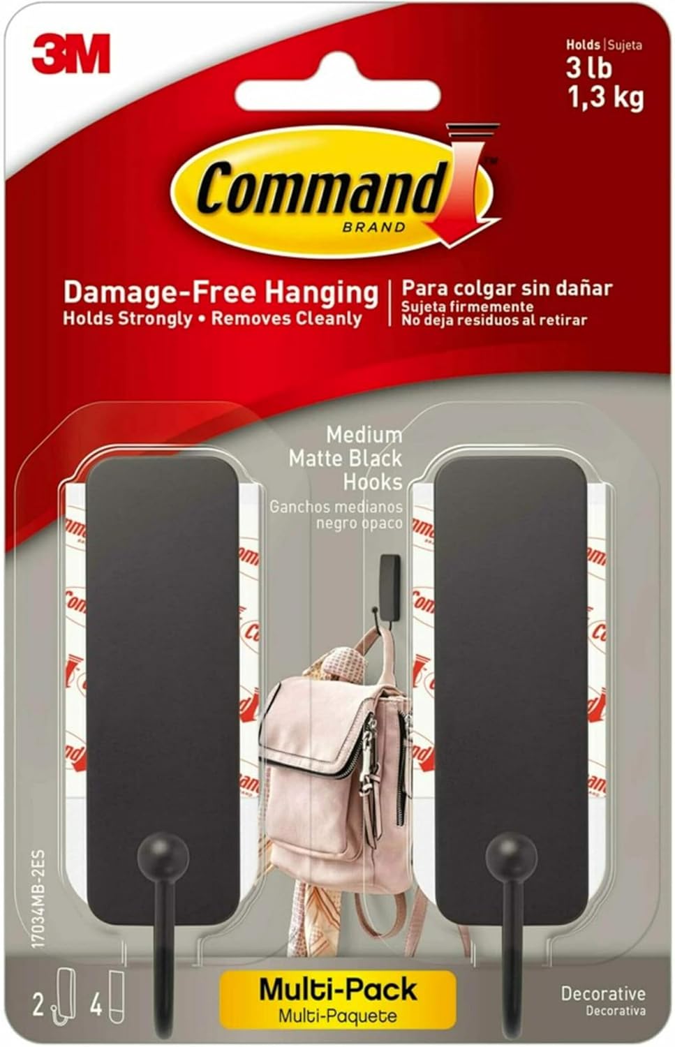 Command Medium Matte Black Wall Hooks, 2 Hooks and 4 Command Strips, Damage Free Hanging Wall Hooks with Adhesive Strips, Coat Hooks for Hanging Christmas Decorations, Holds up to 3 lb-0