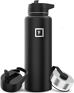 IRON °FLASK Camping & Hiking Hydration Flask, Wide Mouth, 3 Straw Lids, Stainless Steel Outdoor Water Bottle, Double Walled, Insulated Thermos, Metal Canteen - Midnight Black, 40 Oz