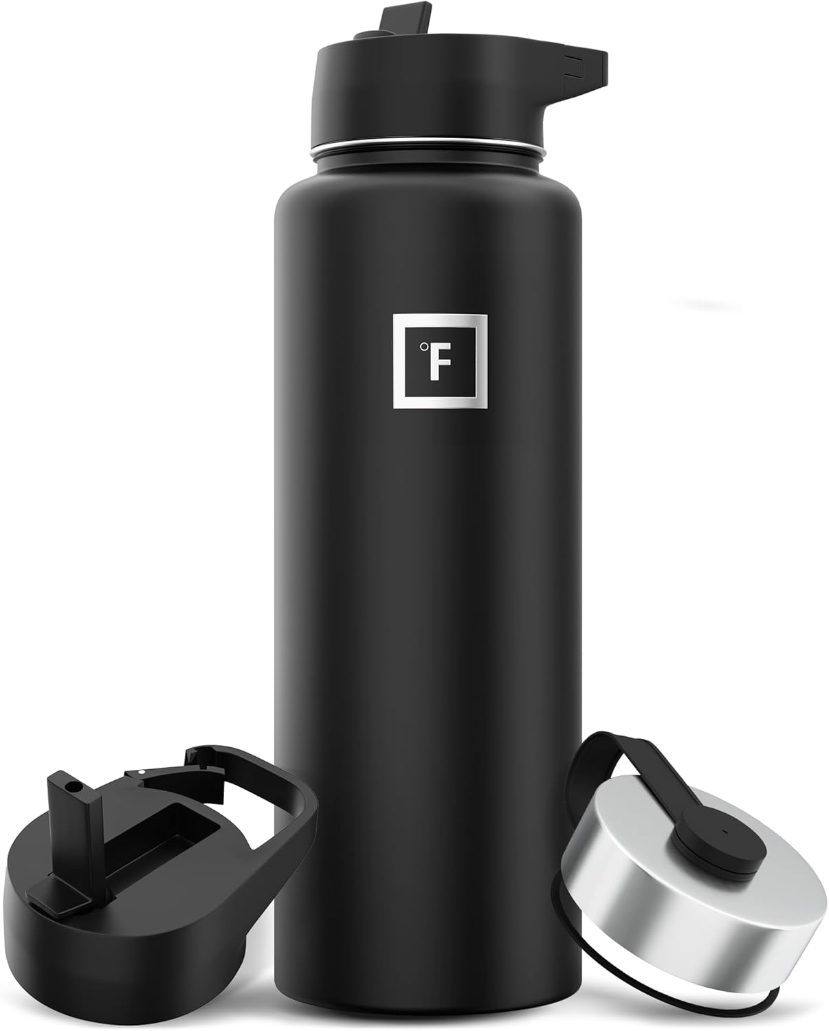 IRON °FLASK Camping & Hiking Hydration Flask, Wide Mouth, 3 Straw Lids, Stainless Steel Outdoor Water Bottle, Double Walled, Insulated Thermos, Metal Canteen - Midnight Black, 40 Oz-0