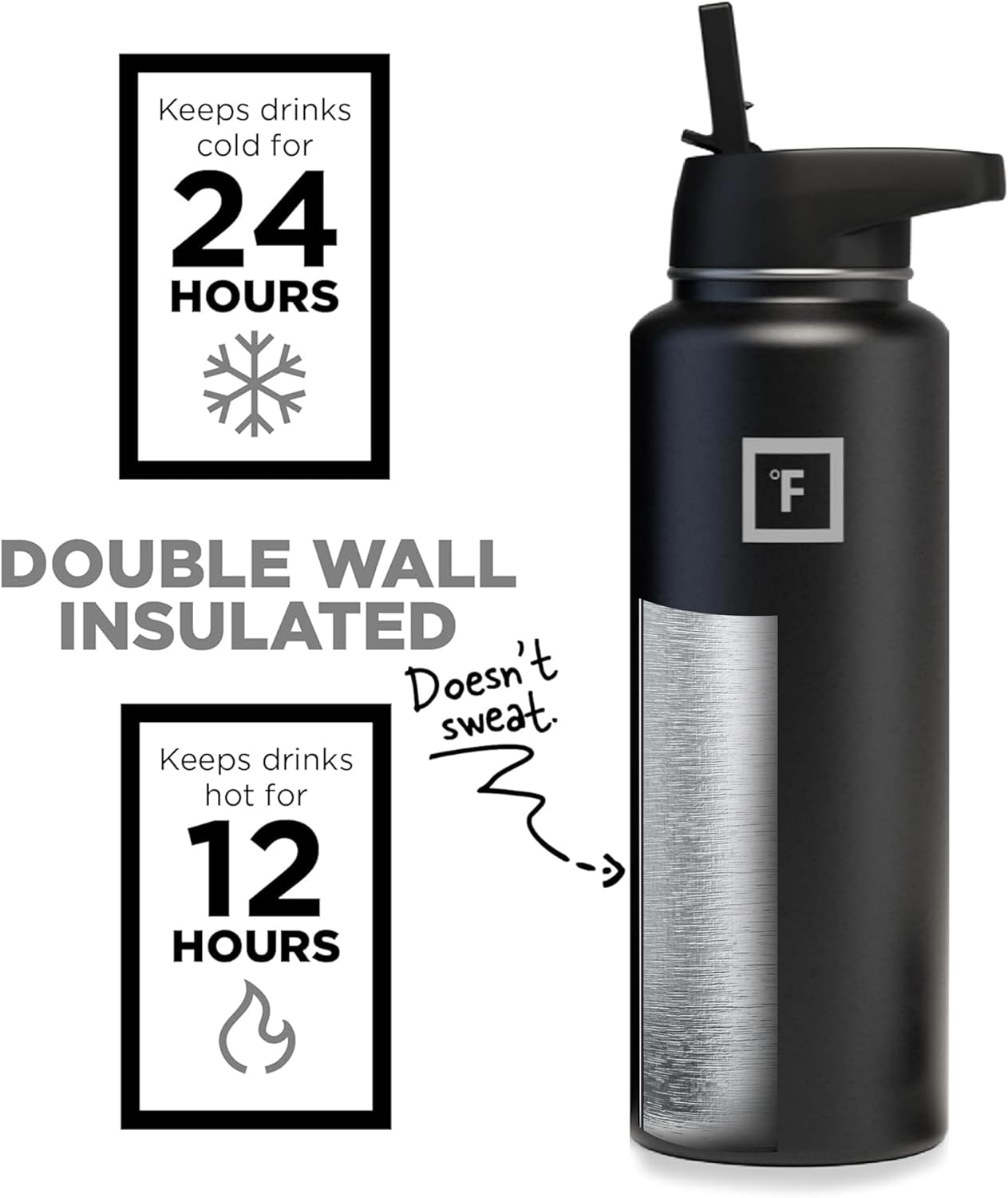 IRON °FLASK Camping & Hiking Hydration Flask, Wide Mouth, 3 Straw Lids, Stainless Steel Outdoor Water Bottle, Double Walled, Insulated Thermos, Metal Canteen - Midnight Black, 40 Oz-2