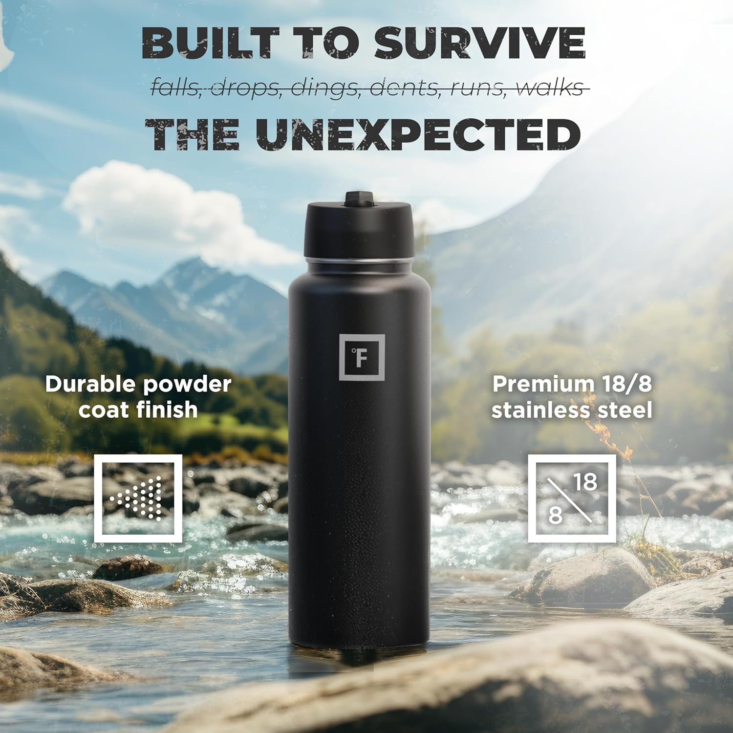 IRON °FLASK Camping & Hiking Hydration Flask, Wide Mouth, 3 Straw Lids, Stainless Steel Outdoor Water Bottle, Double Walled, Insulated Thermos, Metal Canteen - Midnight Black, 40 Oz-4