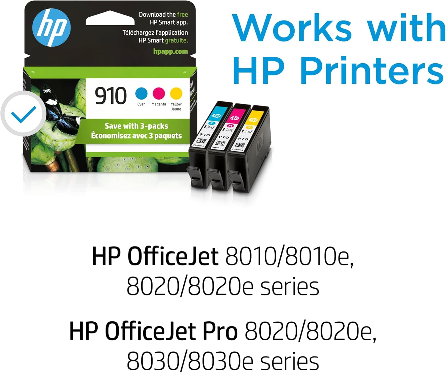 HP 910 Cyan, Magenta, Yellow Ink Cartridges | Works with HP OfficeJet 8010, 8020 Series, HP OfficeJet Pro 8020, 8030 Series | Eligible for Instant Ink | 3YN97AN, 3 Count (Pack of 1)-1