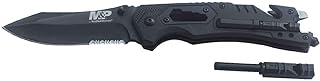 Smith & Wesson M&P 8.5in High Carbon S.S. Spring Assisted Folding Knife with 3.5in Serrated Drop Point Blade and Rubber Handle for Outdoor Survival and EDC,Tan