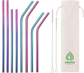 VEHHE Reusable Straws 8 Set Multi Color Stainless Steel Straws - Cleaning Brush for 20 Oz (Rainbow 8.5 inch + 10.5 inch)