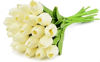 Artificial Tulips Bridal Wedding Festival Decor Bouquet Real Touch PU Flower Bouquet Pack of 20 (Milk White)