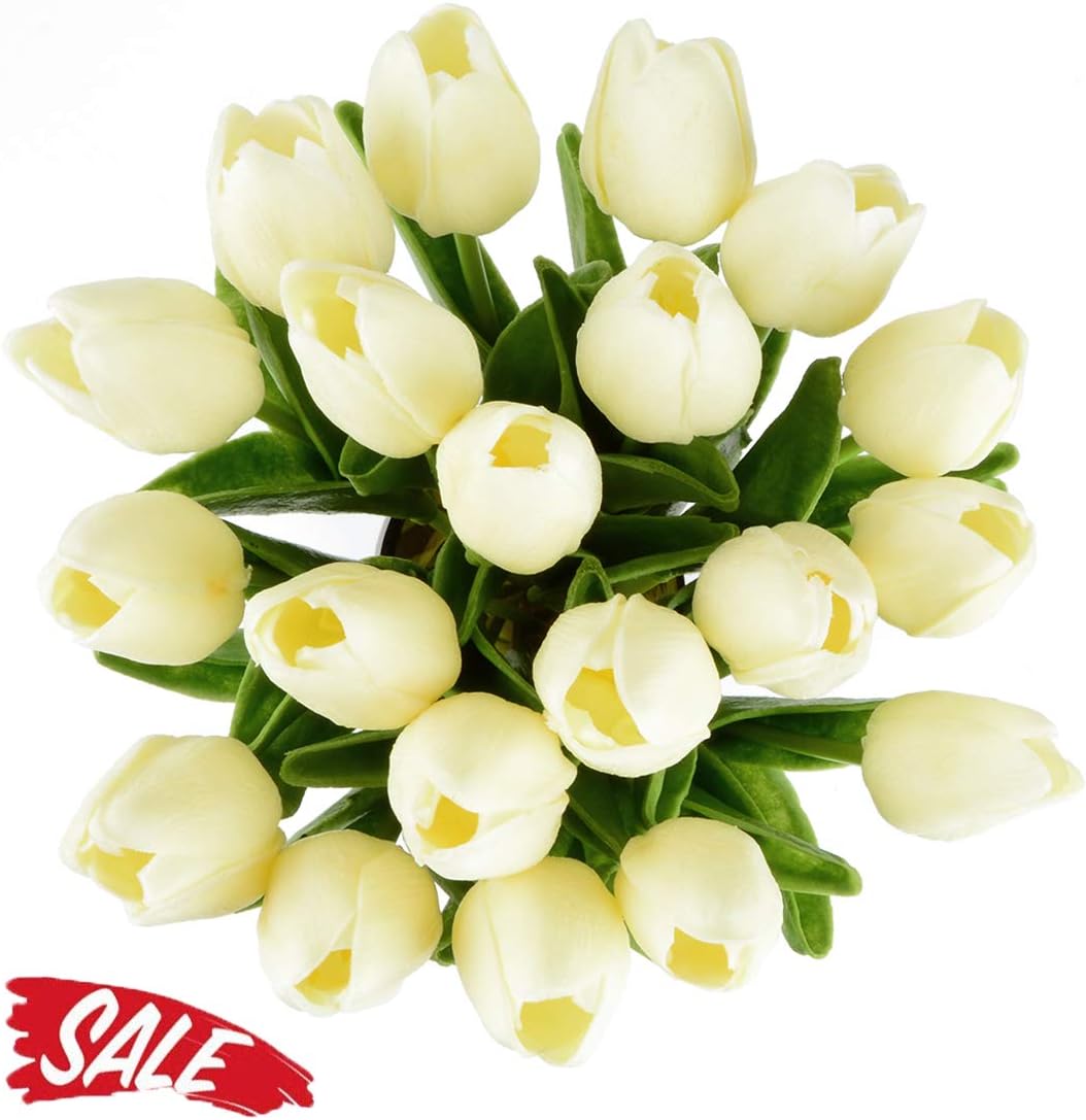 Artificial Tulips Bridal Wedding Festival Decor Bouquet Real Touch PU Flower Bouquet Pack of 20 (Milk White)-1