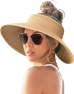 FURTALK Sun Visor Hats for Women Wide Brim Straw Ponytail Summer Beach Hat UV UPF Packable Foldable Travel