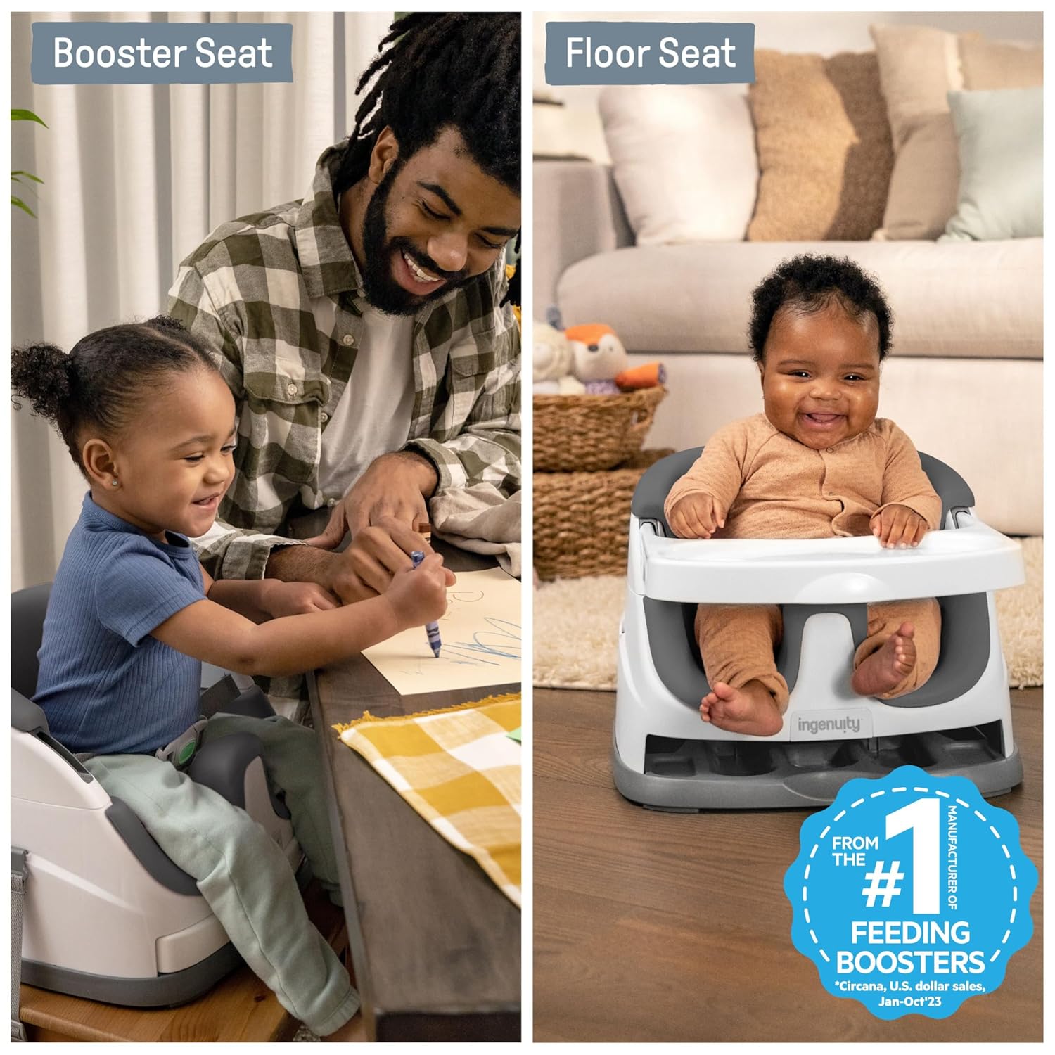 Ingenuity Baby Base 2-in-1 Booster Feeding and Floor Seat with Self-Storing Tray - Slate-1