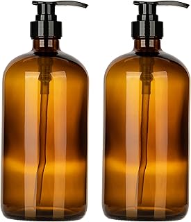 kitchentoolz 32 Ounce Glass Pump Dispenser Bottle, Large Amber Container with Pump for Shower and Bath Shampoo Soap Conditioner Lotion - 1 Liter