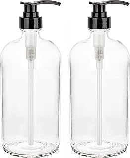 kitchentoolz 32-Ounce Pump Bottles, Large Clear Glass Boston Round Bottles w/Black Pumps. Great for Lotions, Laundry Soap Detergent, Oils, Sauces - Food Safe and Medical Grade (Pack of 2)