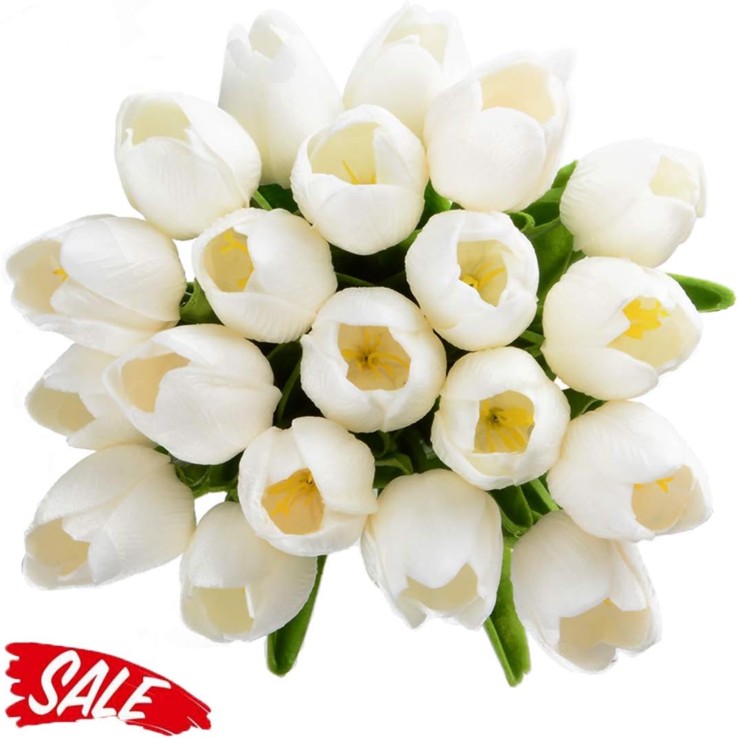 Artificial Tulips Bridal Wedding Festival Decor Bouquet Real Touch PU Flower Bouquet Pack of 20 (White)-1