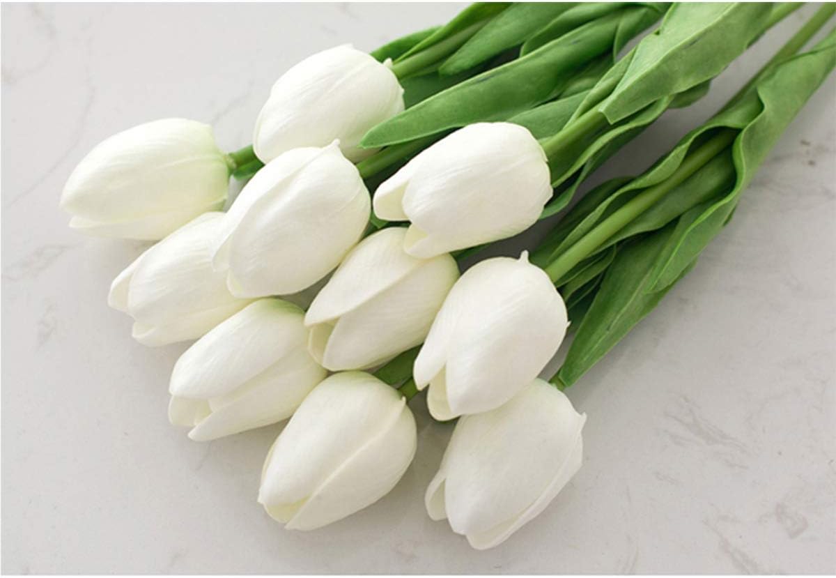 Artificial Tulips Bridal Wedding Festival Decor Bouquet Real Touch PU Flower Bouquet Pack of 20 (White)-4