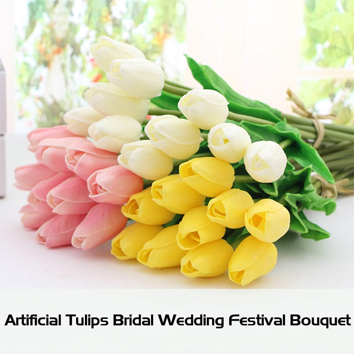 Artificial Tulips Bridal Wedding Festival Decor Bouquet Real Touch PU Flower Bouquet Pack of 20 (White)-5