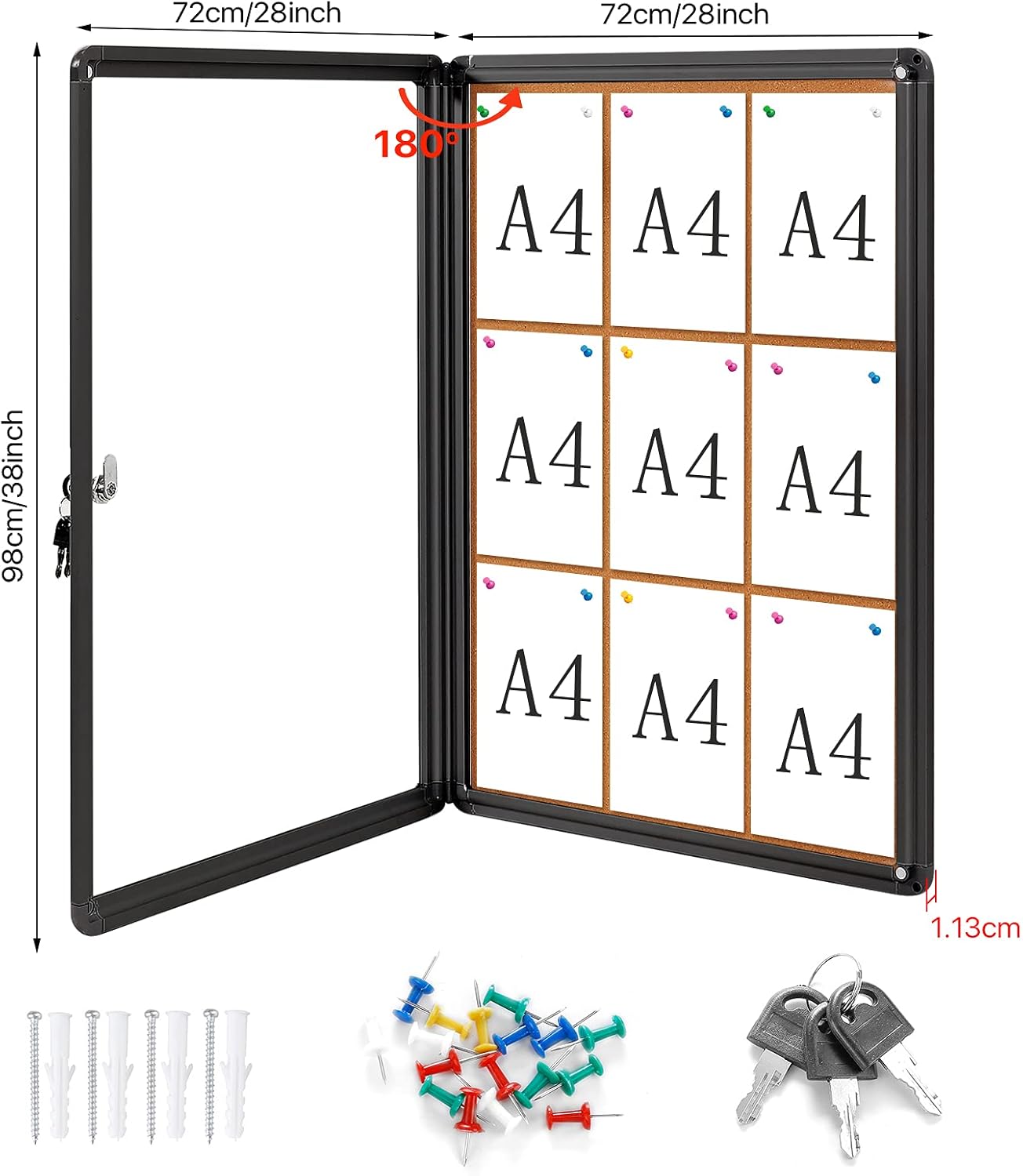 Swansea Enclose Bulletin Board Case School Cork Noticeboards Cabinet with Locking Door and Keys,38x28 inch (9xA4)-1