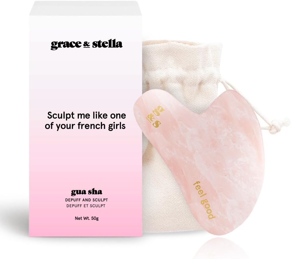 grace & stella Gua Sha Massage Tool, Rose Quartz, Face Sculpting, Lymphatic Drainage, Depuffing-0