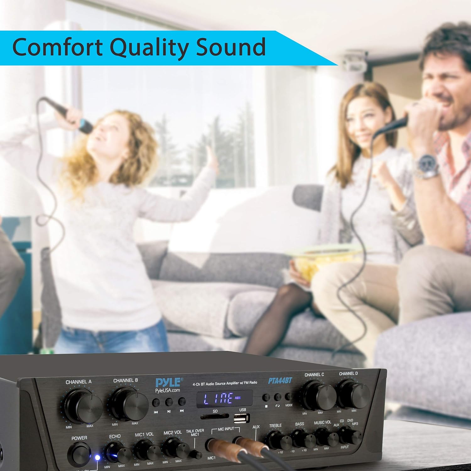 Pyle 500W Karaoke Wireless Bluetooth Amplifier - 4 Channel Stereo Audio Receiver with AUX IN, FM Radio, RCA Subwoofer Speaker OUT, USB, Microphone IN with Echo, 500W Peak Power into 4-8 OHMS - PTA44BT-5