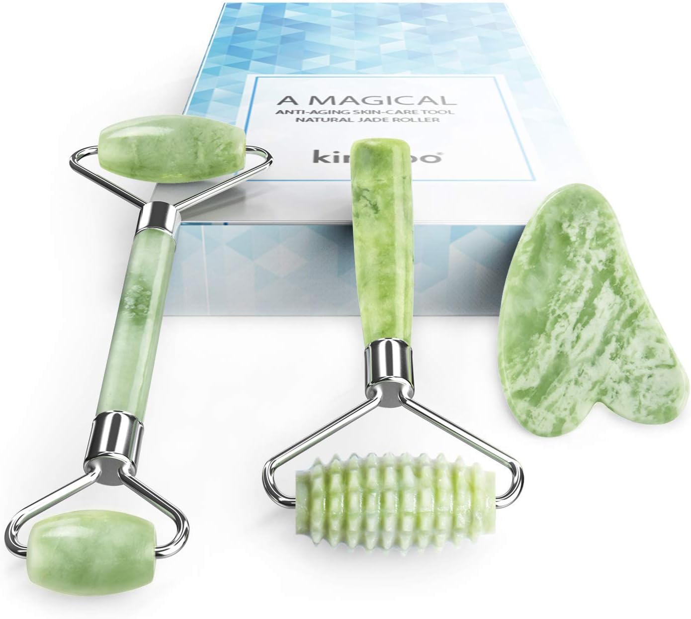 kimkoo Jade Roller and Gua Sha for Face-3 in 1 Kit with Facial Massager Tool,100% Real Natural Jade Stone Anti Aging,Face Beauty Set for Eye Anti-Wrinkle-0