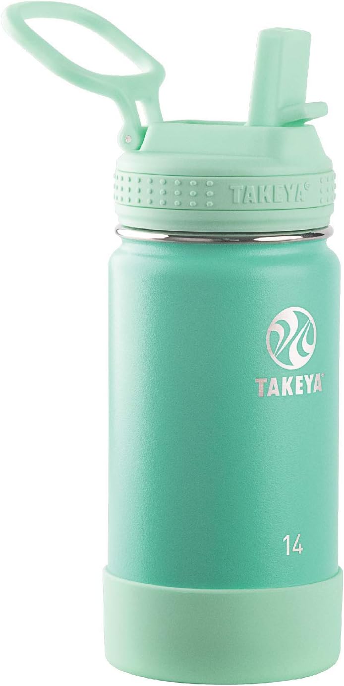 Takeya Actives Kids 14 oz Vacuum Insulated Stainless Steel Water Bottle with Straw Lid, Seafoam-0